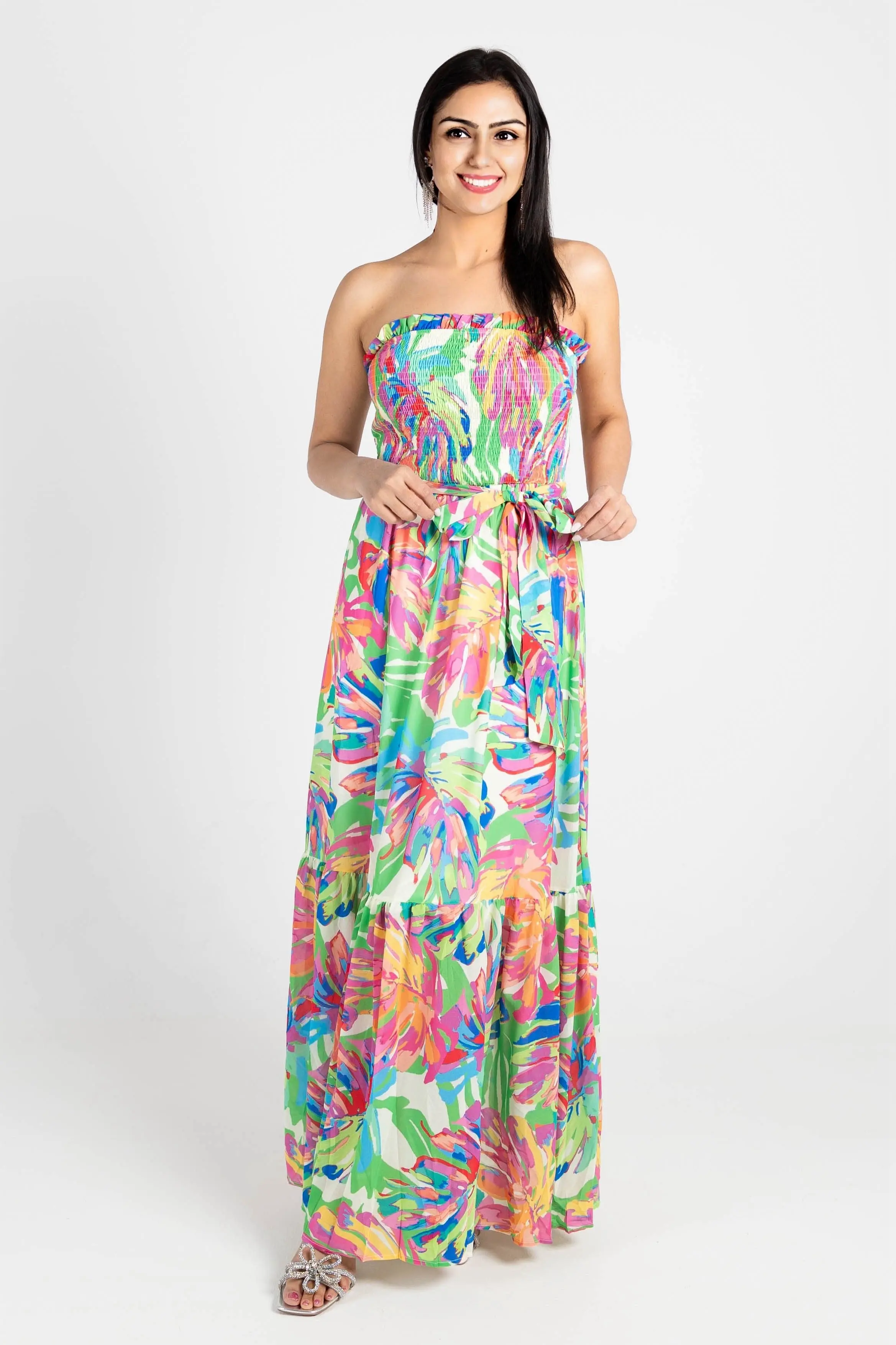 Tropical Breeze Smocked Strapless Maxi Dress - ALJEGJ