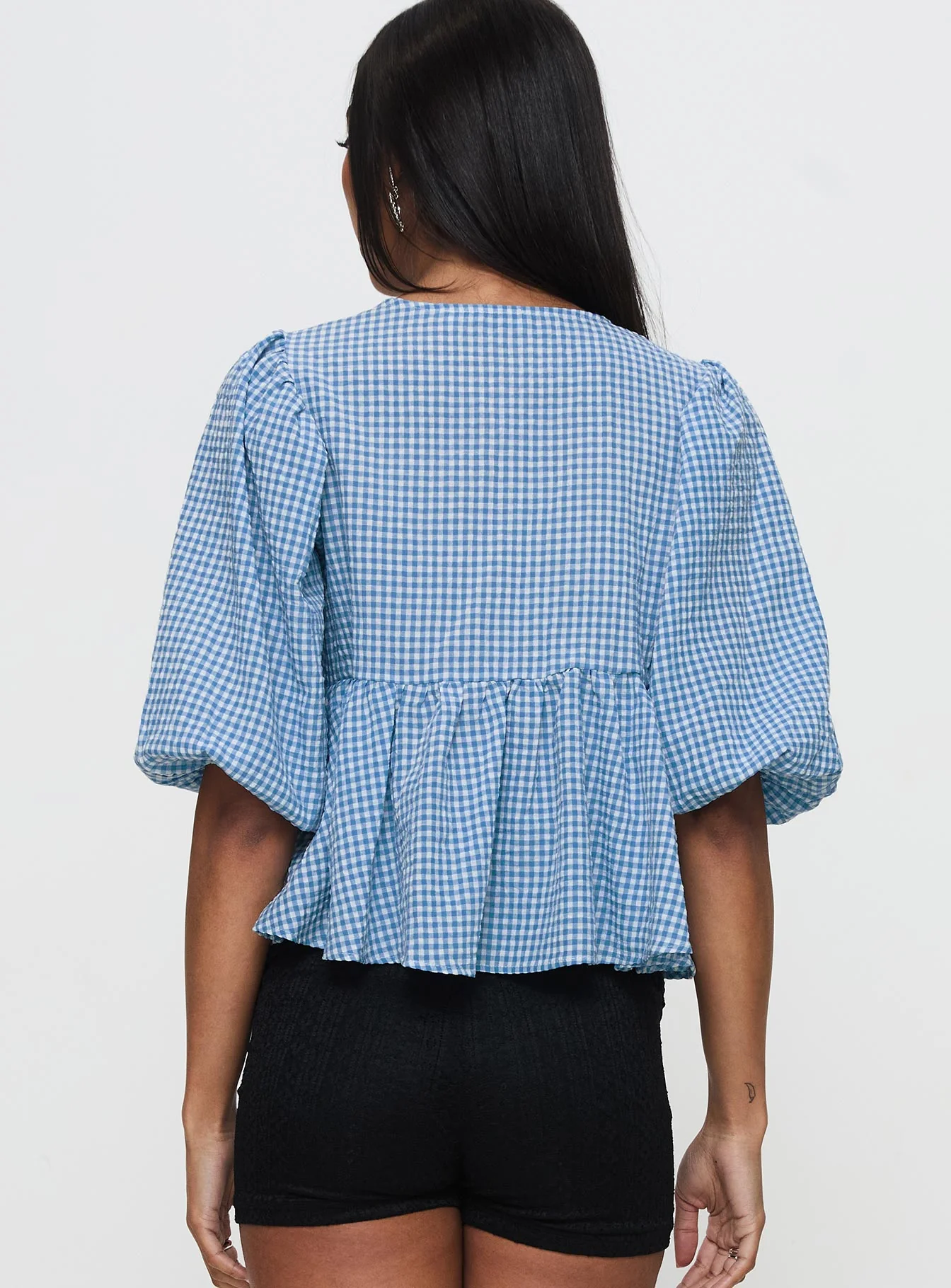 Full House Tie Up Blouse Top Blue Plaid