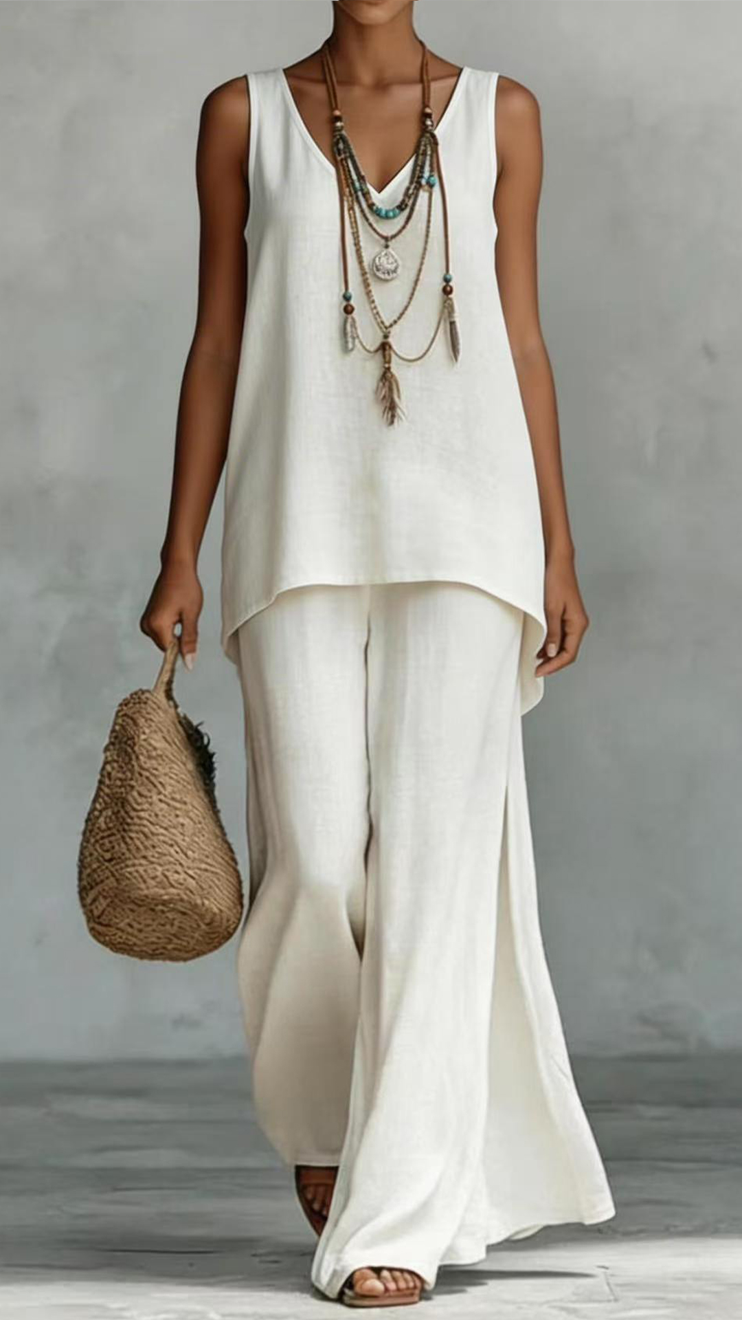 Women's Casual Vacation Style - Cotton-Blend Textured Sleeveless Top and Wide-Leg Pants Set - Nordfashionstorm - Women's Clothing, Fashion for You - Nordfashionstorm.com