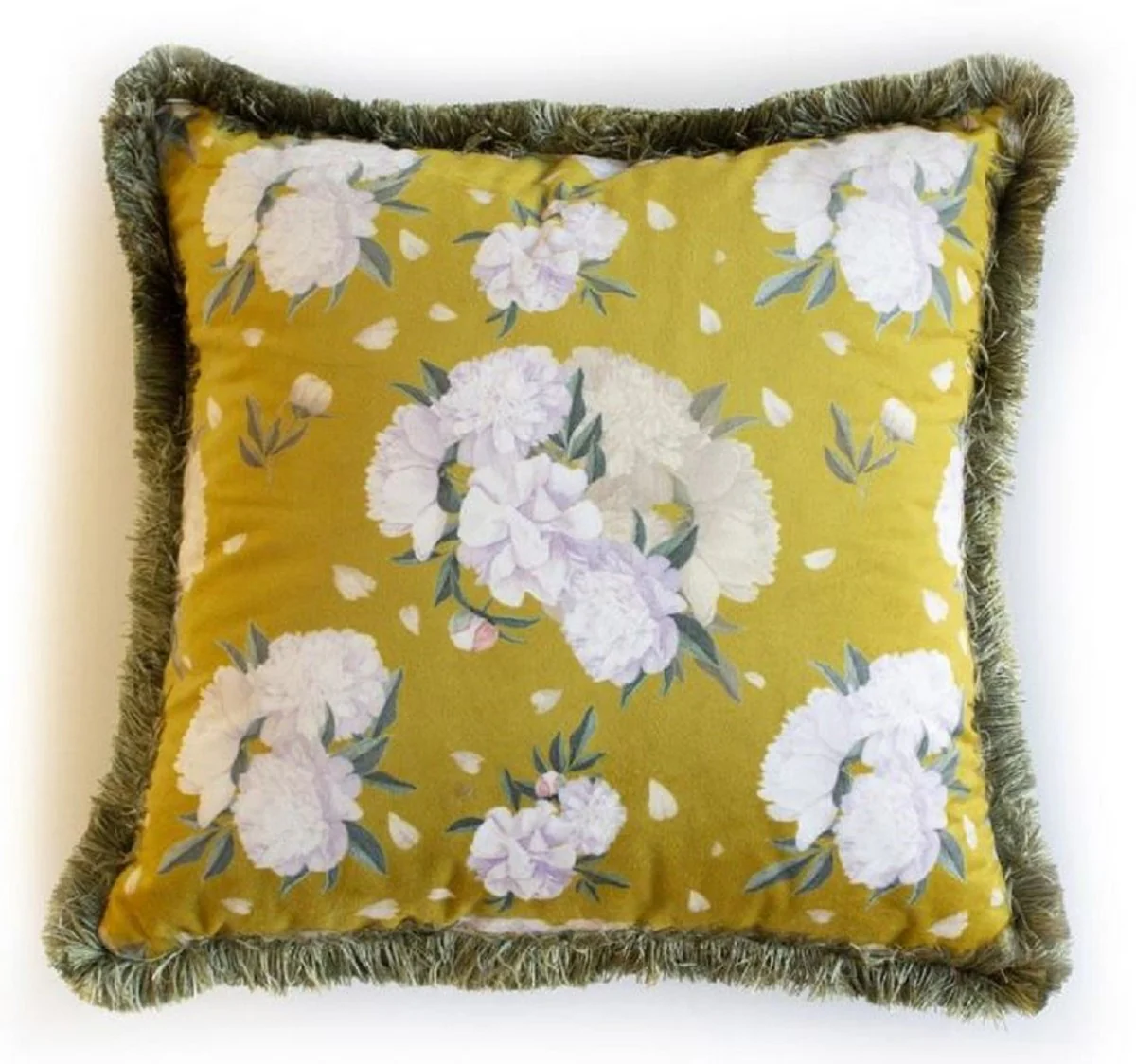 Luxury decorative cushion flowers design yellow / multicolored / green 45 x 45 cm - printed velvet cushion with fringes - decorative accessories