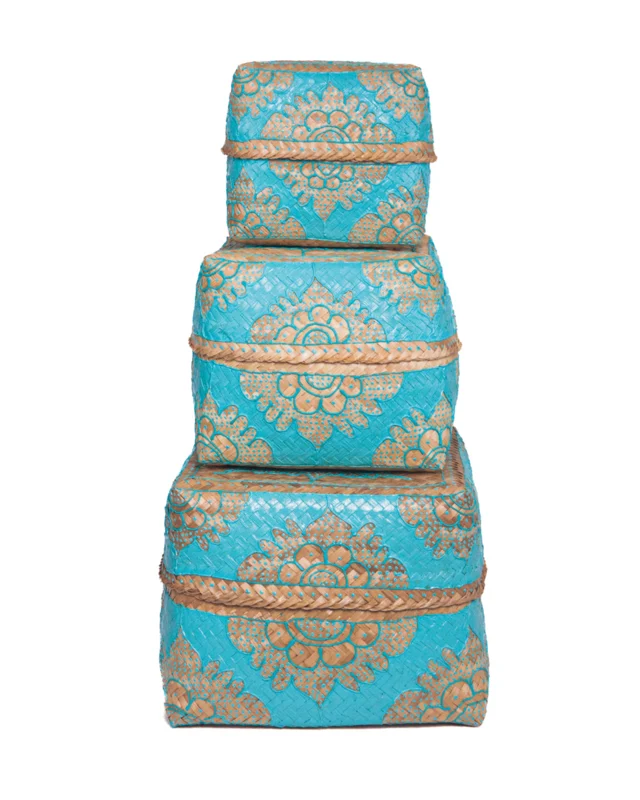 Set bamboe offer dozen / manden naturel/turquoise