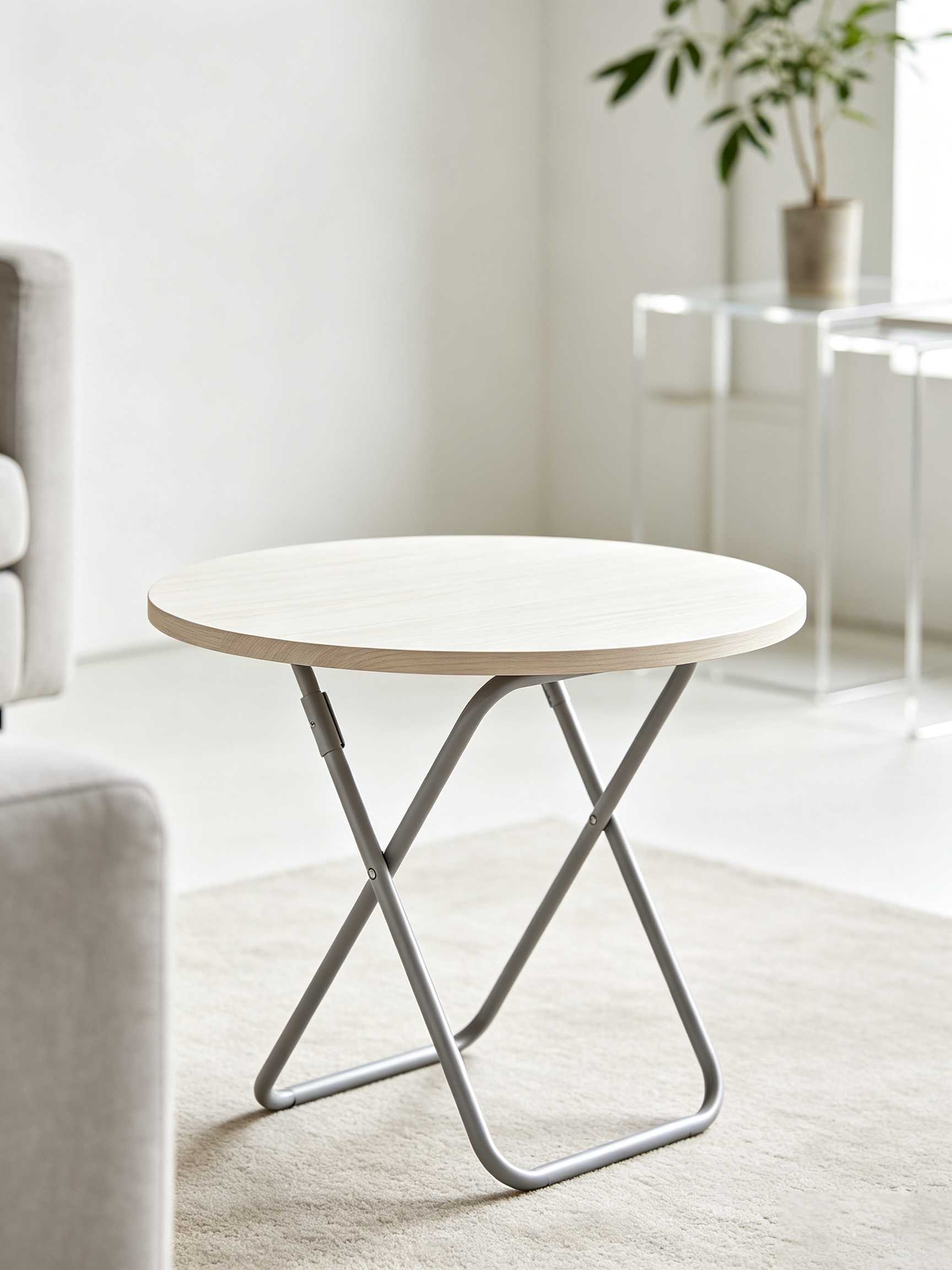 Round Folding Side Table with Wood Tabletop & Metal Frame