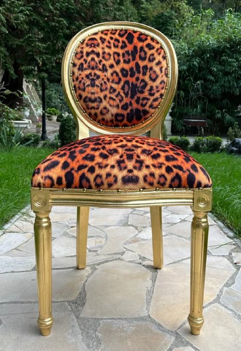 Luxury baroque dining room chair leopard / gold - handmade baroque style chair with fine faux fur - dining room furniture in baroque style - baroque furniture - baroque furnishings