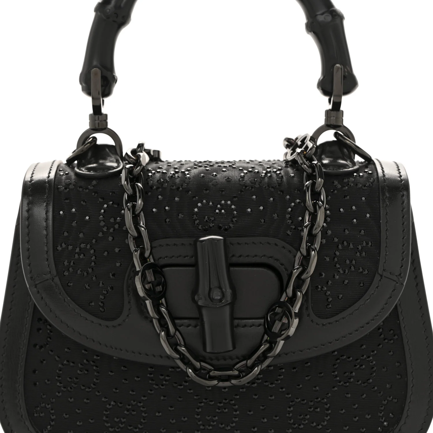 Moire Fabric Calfskin Rhinestone Monogram Monochrome Mini Bamboo 1947 Top Handle Chain Bag Black - Top Club