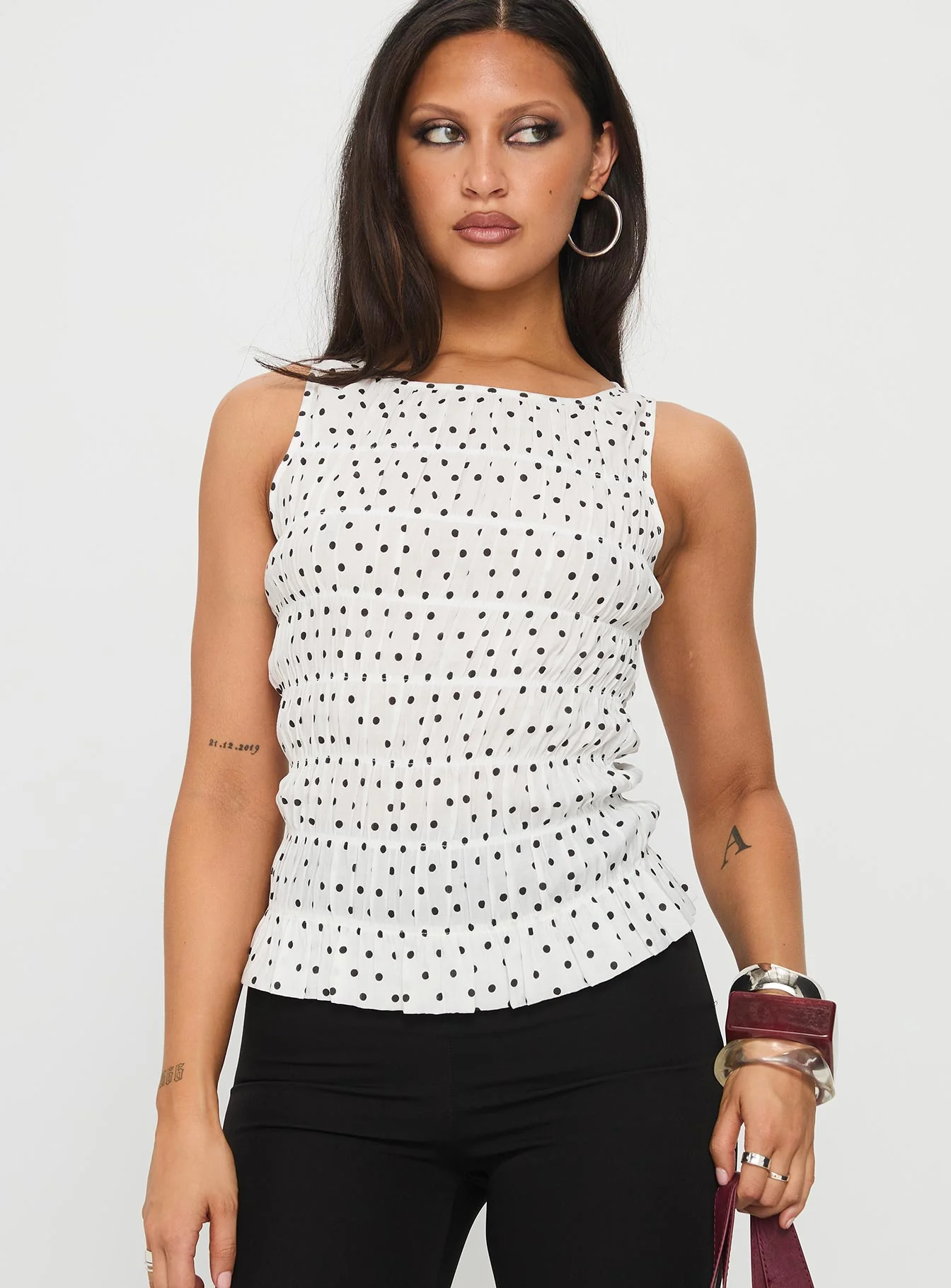 Marleene Shirred Top White Polka