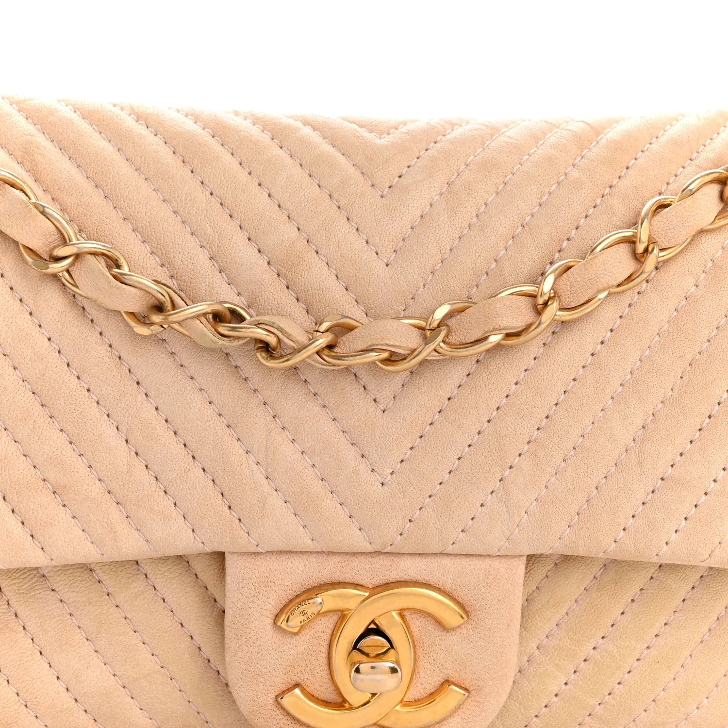 Calfskin Chevron Small Surpique Flap Beige - Top Club