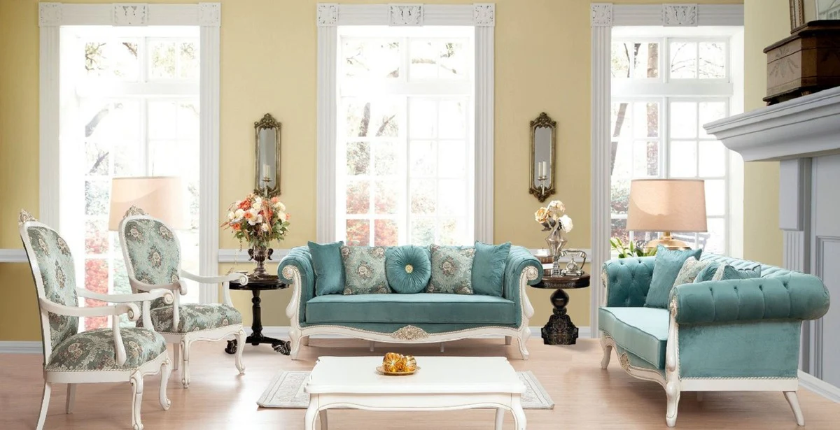 Luxury baroque living room set turquoise / green / white - 2 sofas & 2 armchairs with pattern & 1 coffee table - living room furniture in baroque style - noble & magnificent