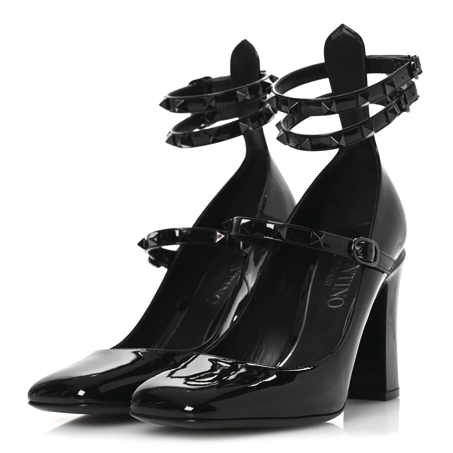 Patent Monochrome Rockstud Tan-Go Ankle Strap Pumps 37 Black - Top Club