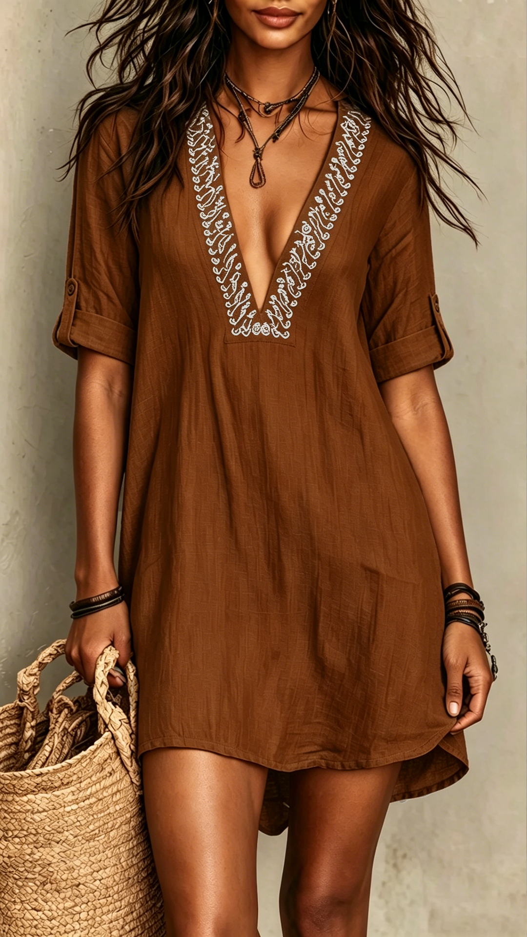Women's Cotton-Blend Embroidered V-Neck Midi-Sleeve Dress - Nordfashionstorm - Women's Clothing, Fashion for You - Nordfashionstorm.com