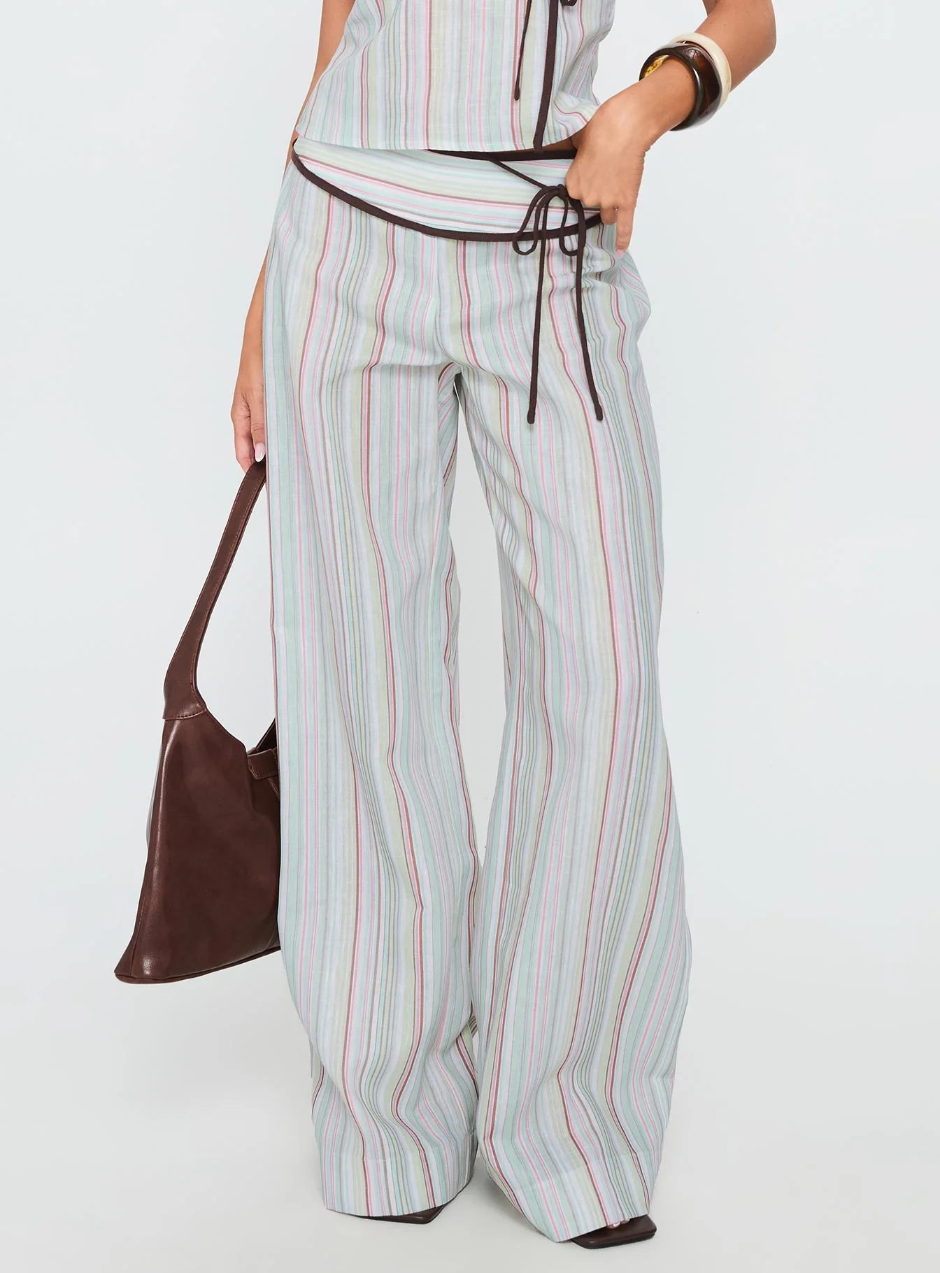 Taylar Thick Waistband Tie Pants Green Stripe