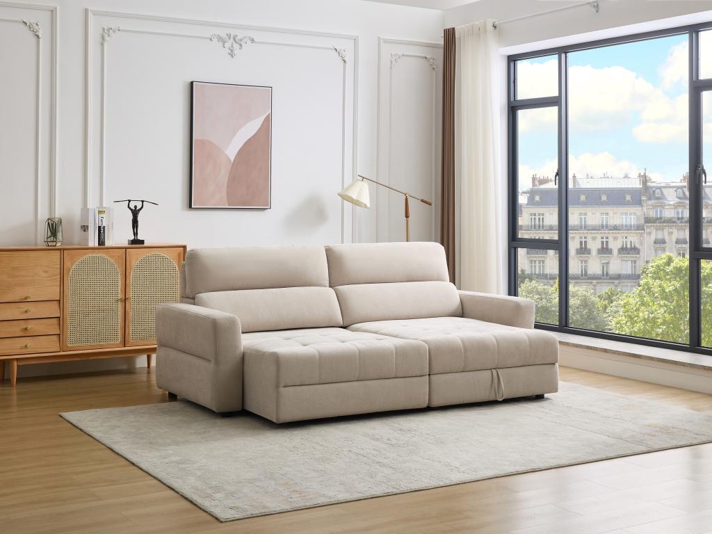 Sofá rinconera derecho eléctrico con asiento deslizante de tela beige OLMERIO