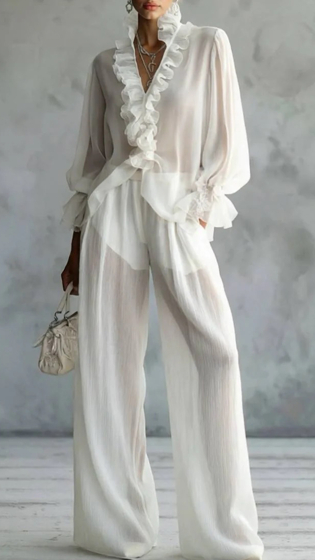 Women's Polyester Spandex Blend Ruffle Wide-Leg Set - Nordfashionstorm - Women's Clothing, Fashion for You - Nordfashionstorm.com
