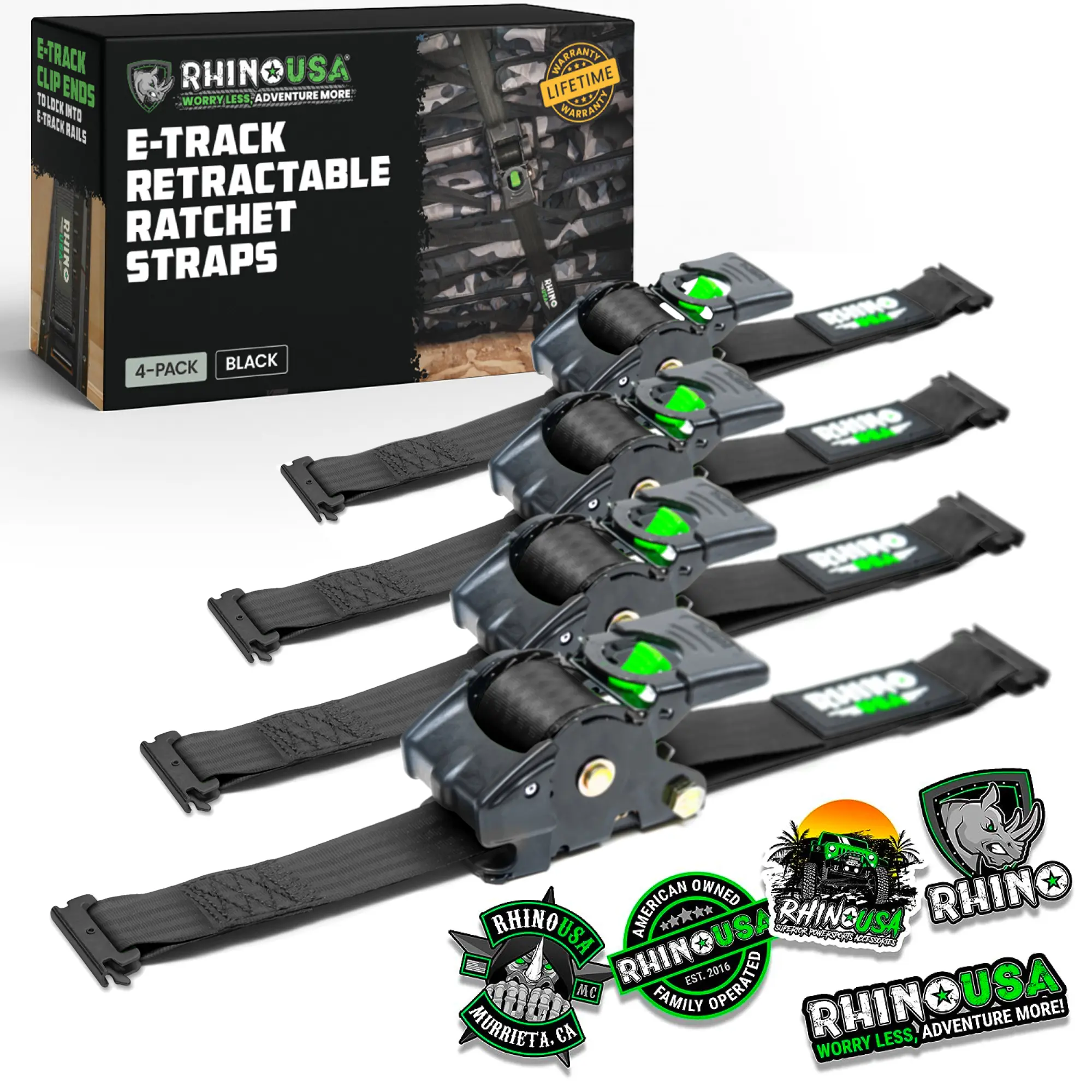 Rhino USA 2”x10’ Retractable E-Track Ratchet Straps: 3033lb Max Break Strength Compatible with E Track Rail Systems only