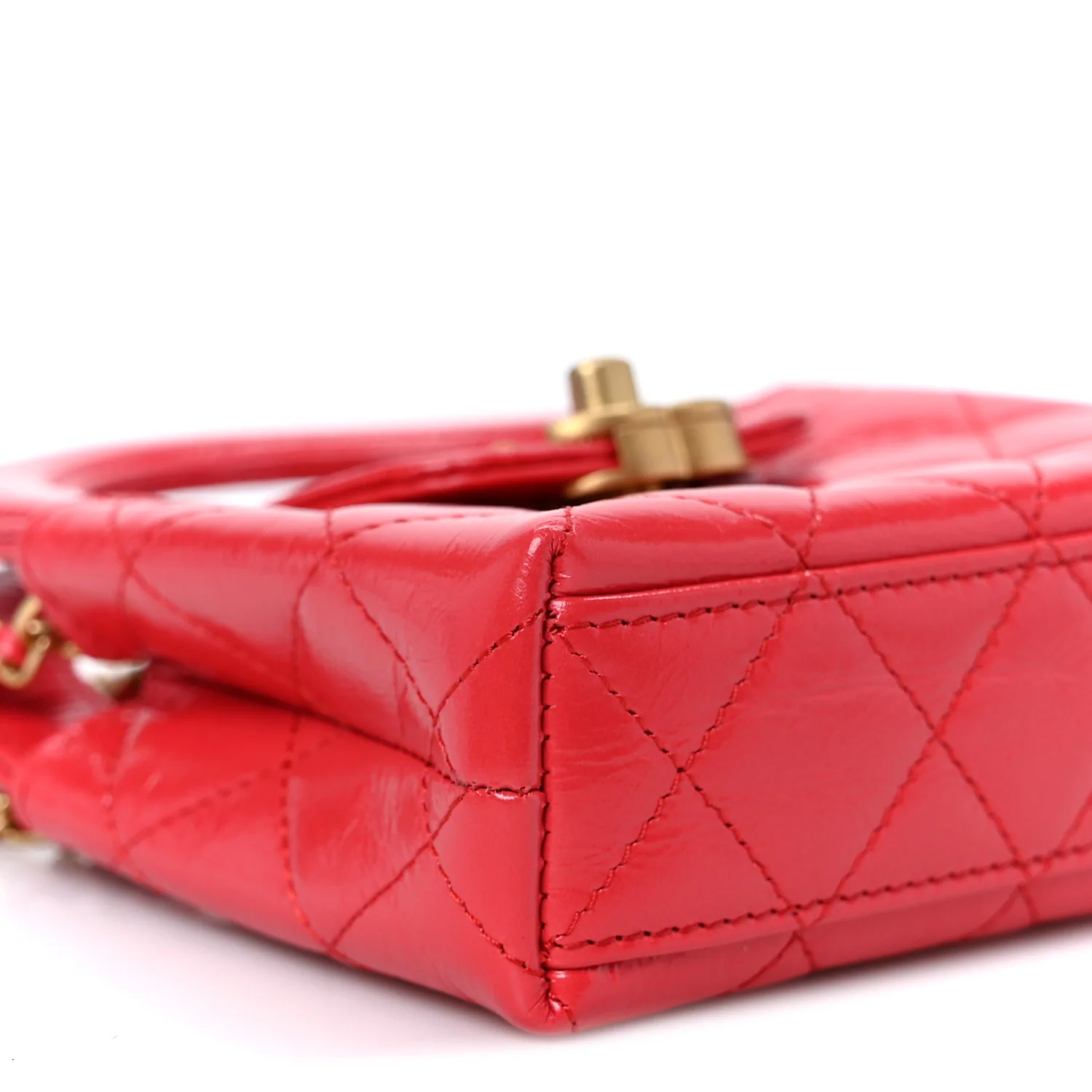 Shiny Aged Calfskin Quilted Mini Nano Kelly Shopper Red - Top Club