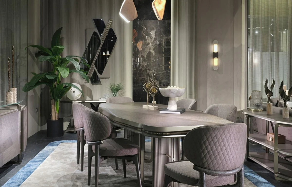 Luxury dining room set gray / silver - 1 luxury dining table & 6 luxury dining chairs - dining room furniture - luxury furniture - luxury furnishings