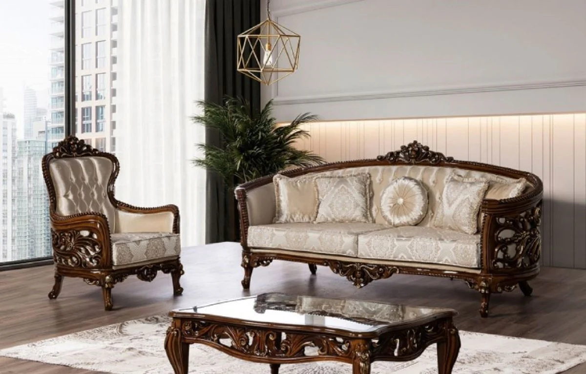 Luxury Baroque Coffee Table Brown / Gold - Handcrafted Solid Wood Living Room Table with Glass Top - Baroque Living Room Furniture - Noble & Magnificent