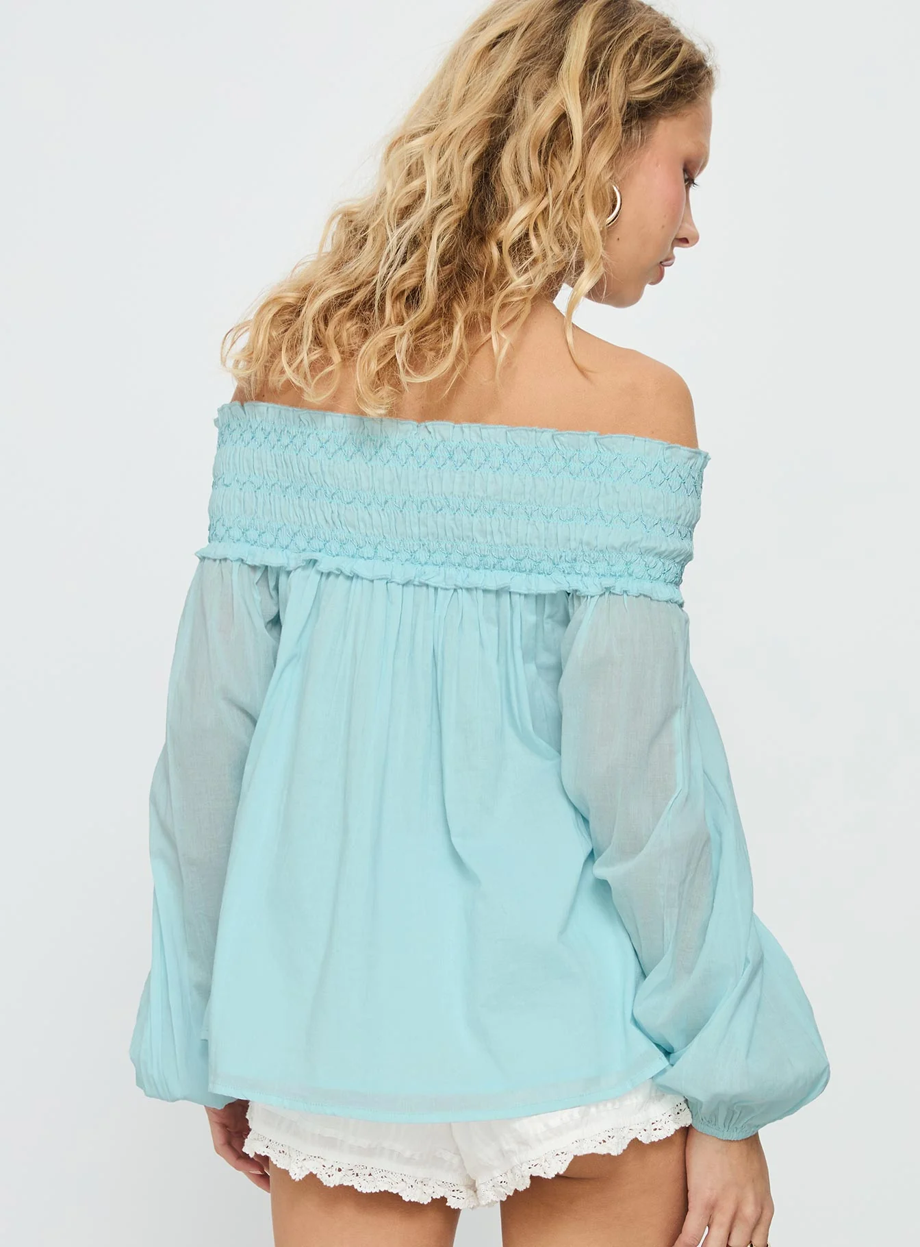 Heidy Off Shoulder Shirred Long Sleeve Top Blue