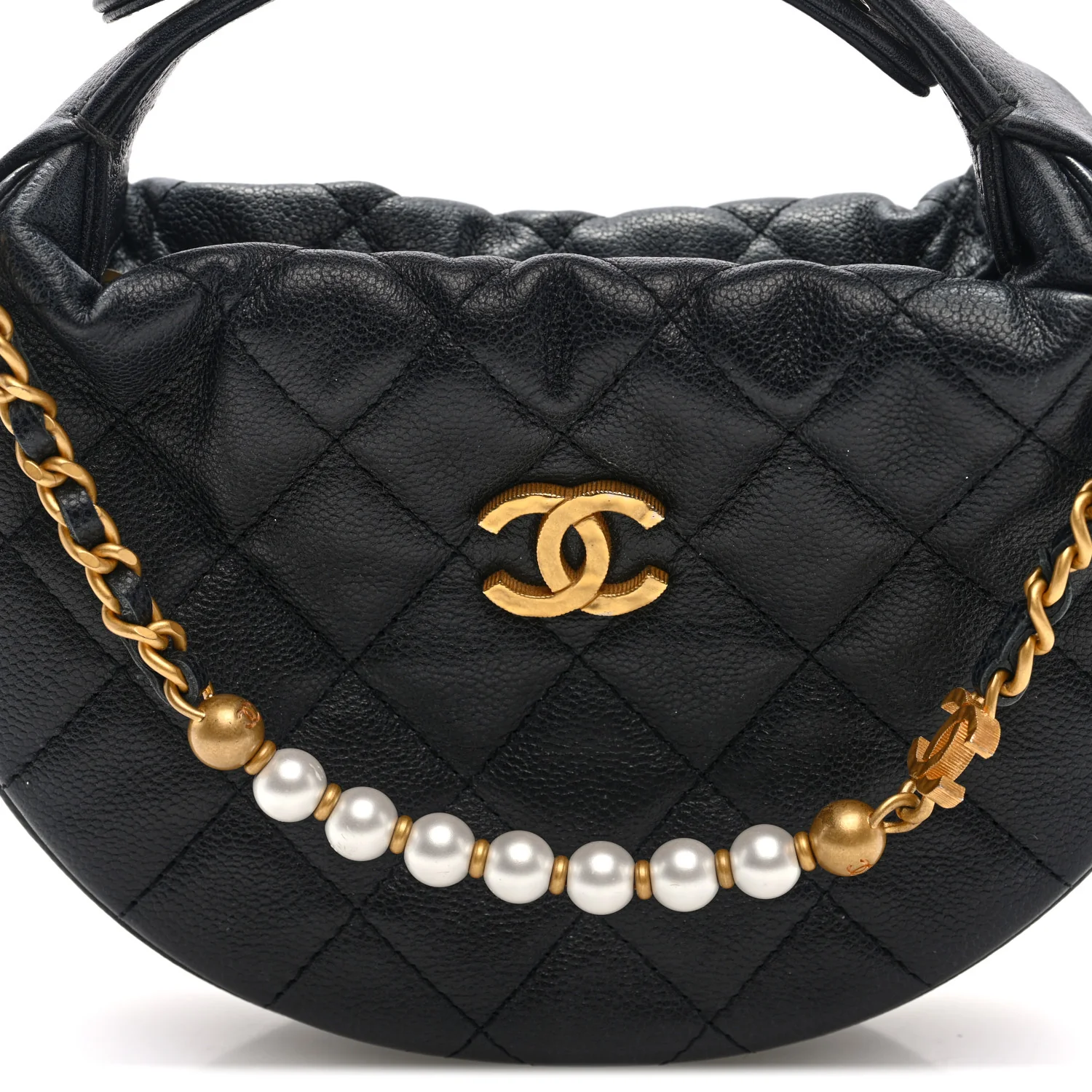 Grained Calfskin Quilted Pearl Pouch Hobo Black - Top Club