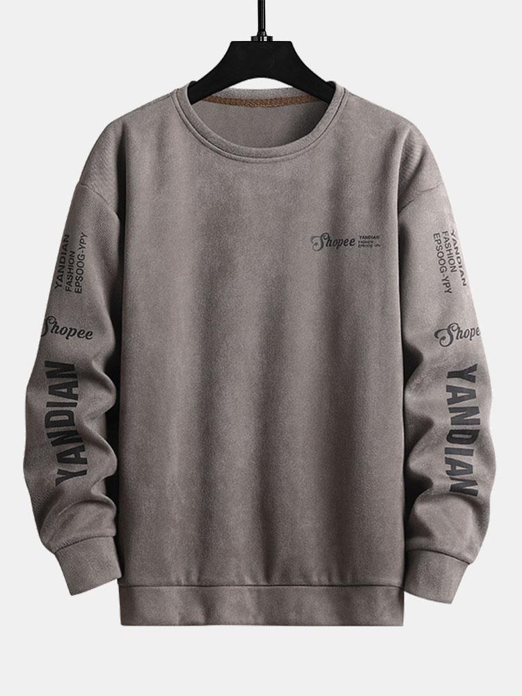 Letter Print Suede Crew Neck Sweatshirt