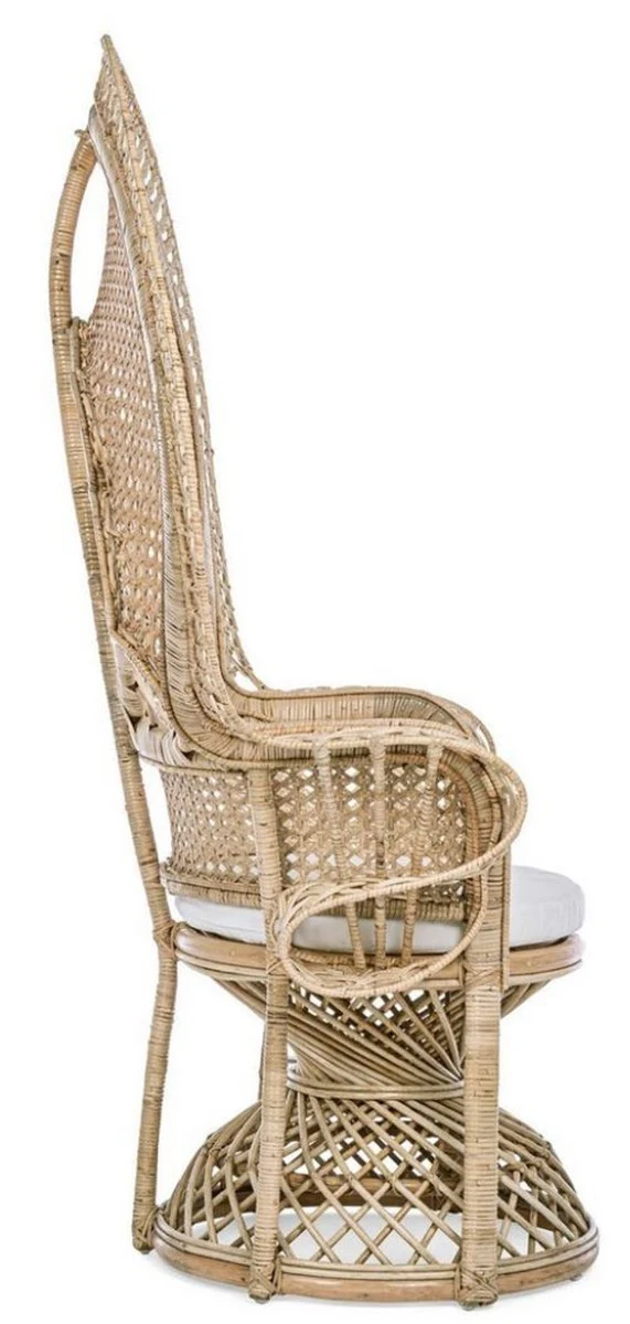 Luxury garden armchair natural color / white 106 x 71 x H. 148 cm - Vintage style rattan armchair with seat cushion - Vintage style rattan furniture - Garden & patio furniture