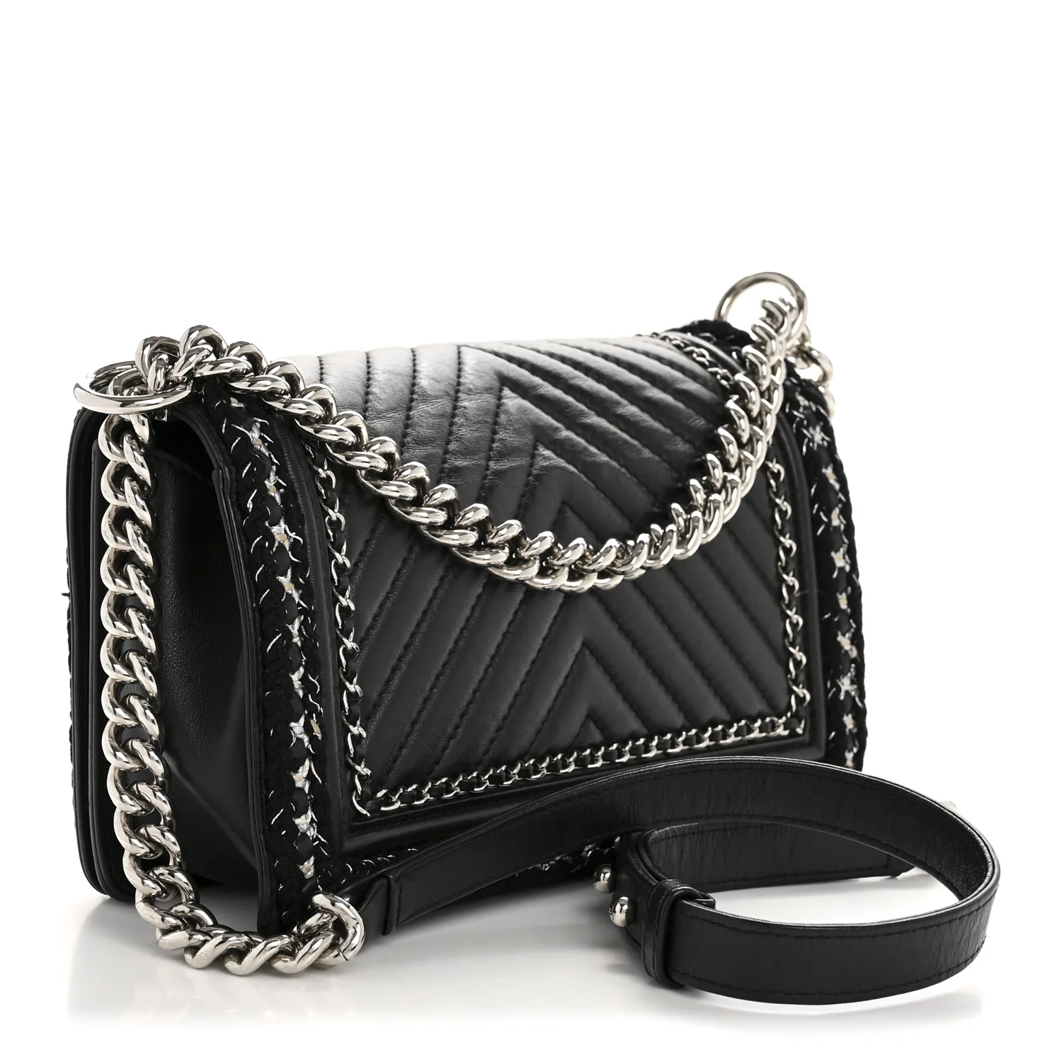 Calfskin Chevron Tweed Medium Boy Flap Black - Top Club