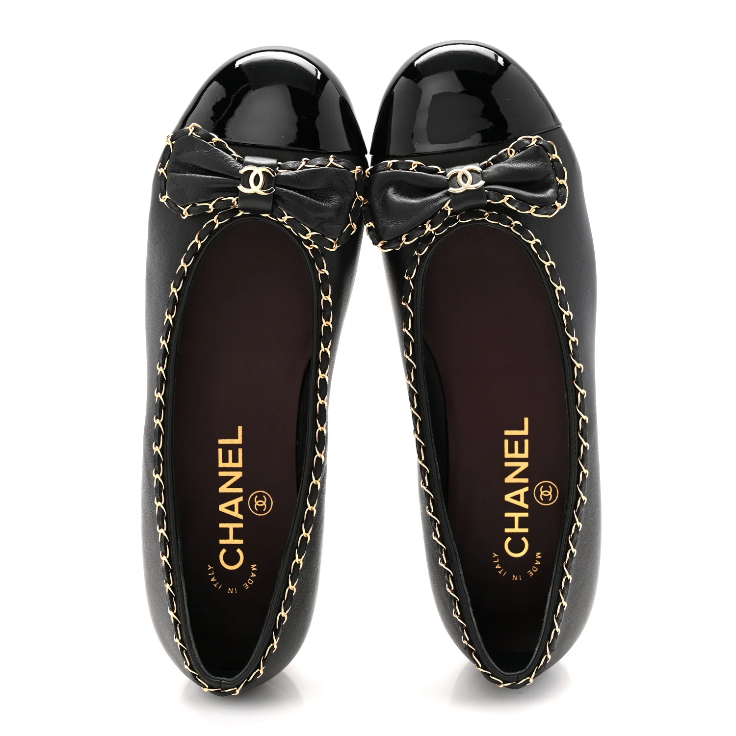 Lambskin Patent Cap Toe Chain Around Ballerina Flats 36 Black - Top Club