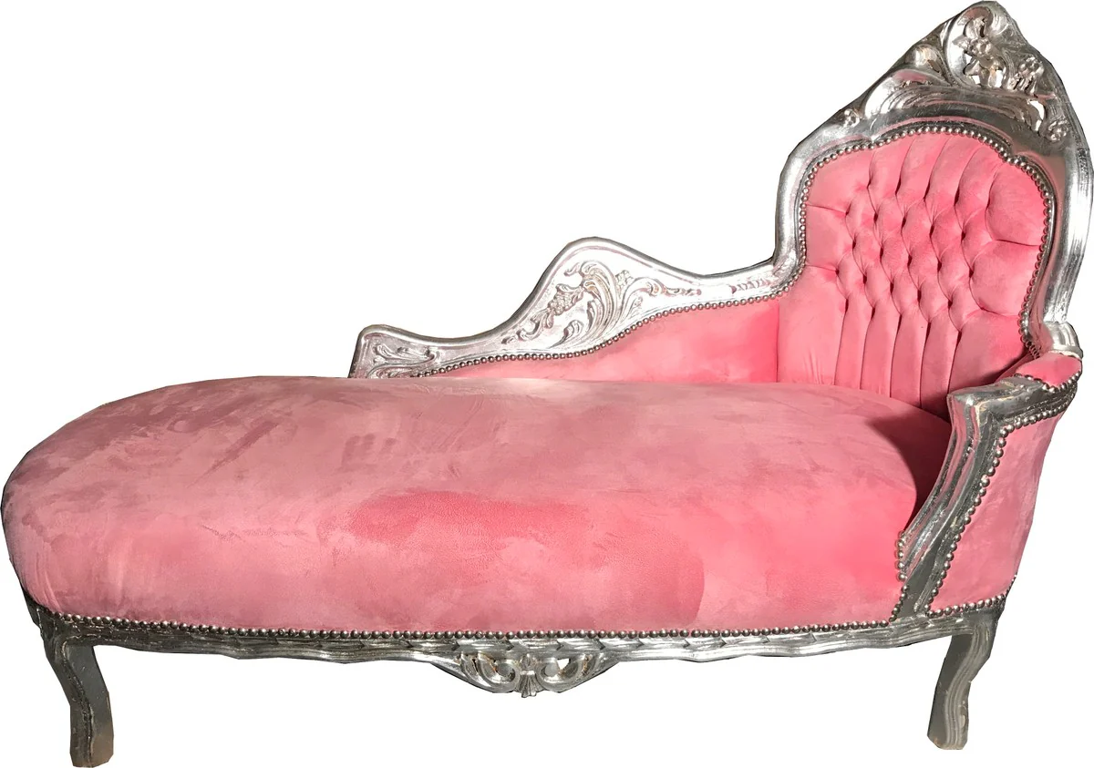 Baroque chaise longue pink / silver - furniture lounger chaise longue living room