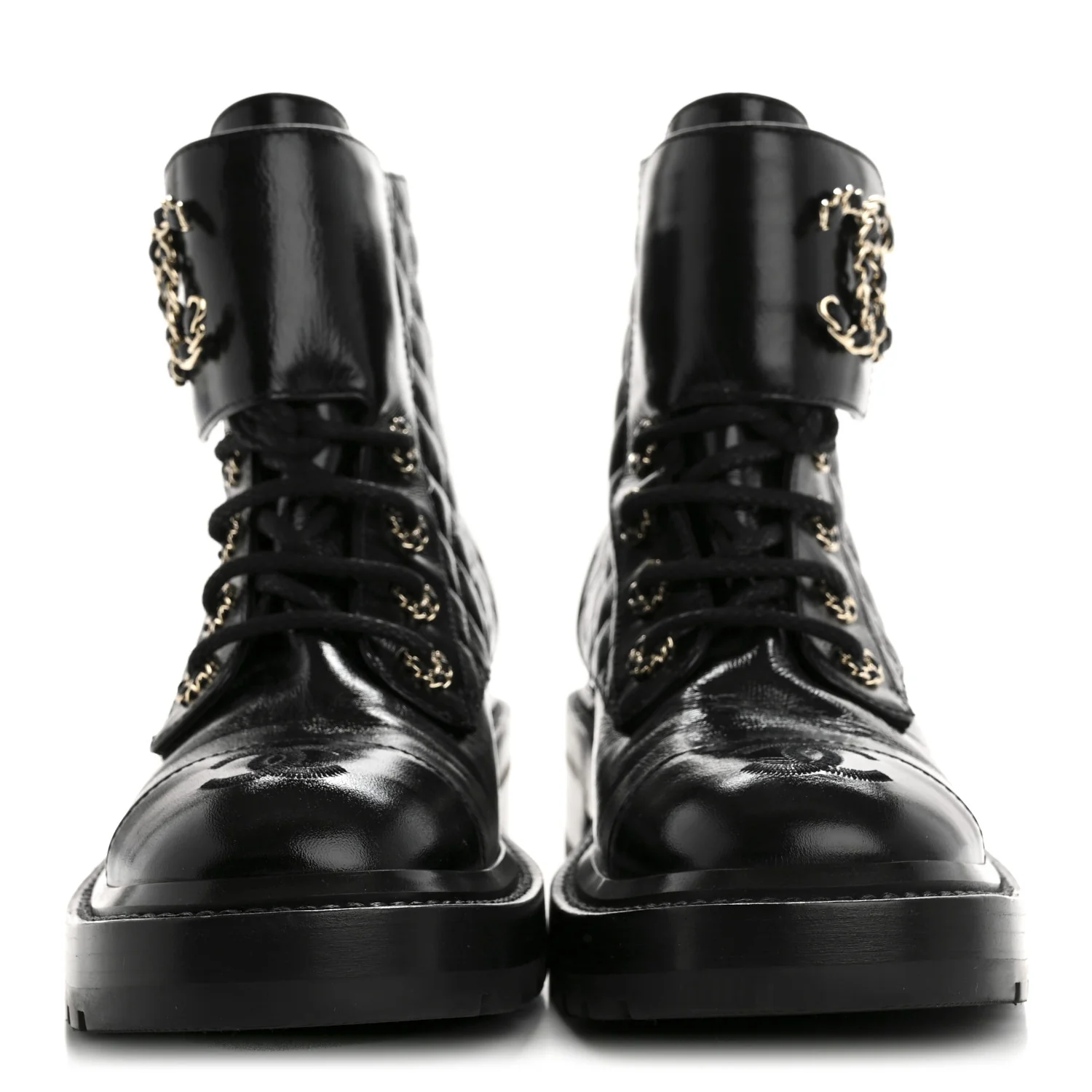 Shiny Lambskin Quilted Lace Up Combat Boots 37 Black - Top Club