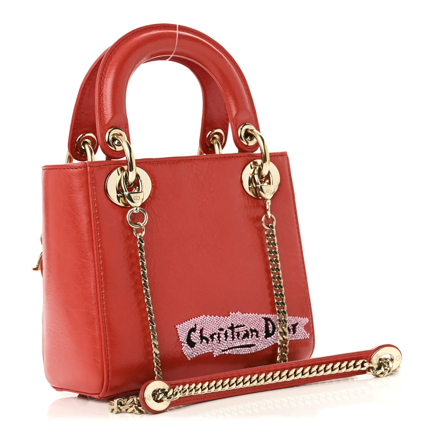 Calfskin Beaded Mini Lady Dior Rouge Multicolor - Top Club