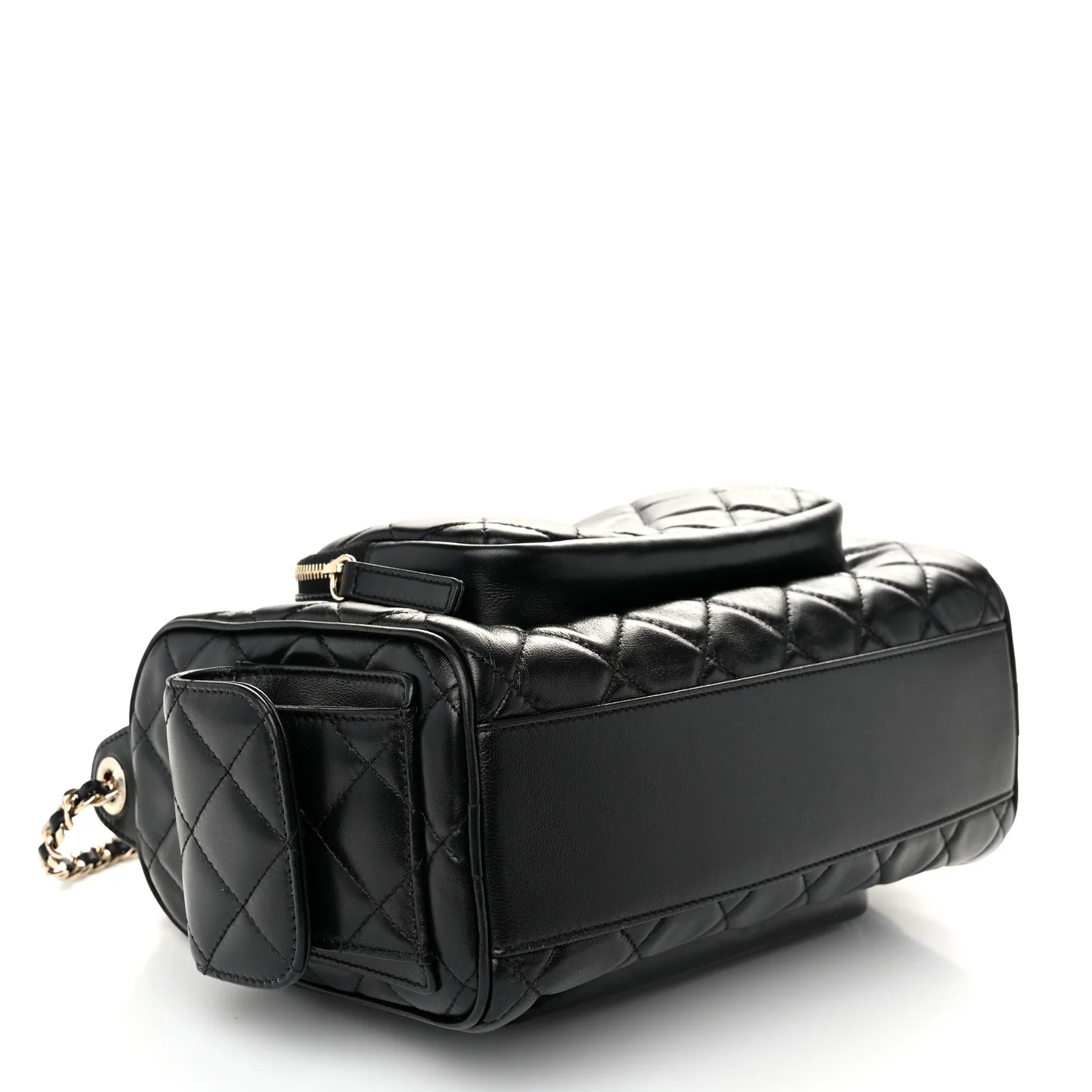 Shiny Crumpled Lambskin Quilted Medium Preppy Pocket Camera Case Black - Top Club
