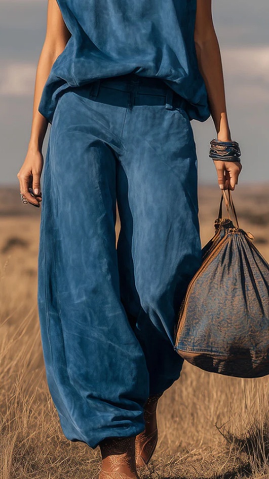Women's Western-Style Sleeveless Suede Set — Wide-Leg with Tapered Hem - Nordfashionstorm - Women's Clothing, Fashion for You - Nordfashionstorm.com