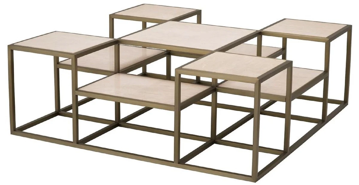 Luxury coffee table brass / beige 120 x 120 x H. 41.5 cm - Square stainless steel living room table with travertine table tops - Living room furniture - Luxury furniture - Luxury furnishings