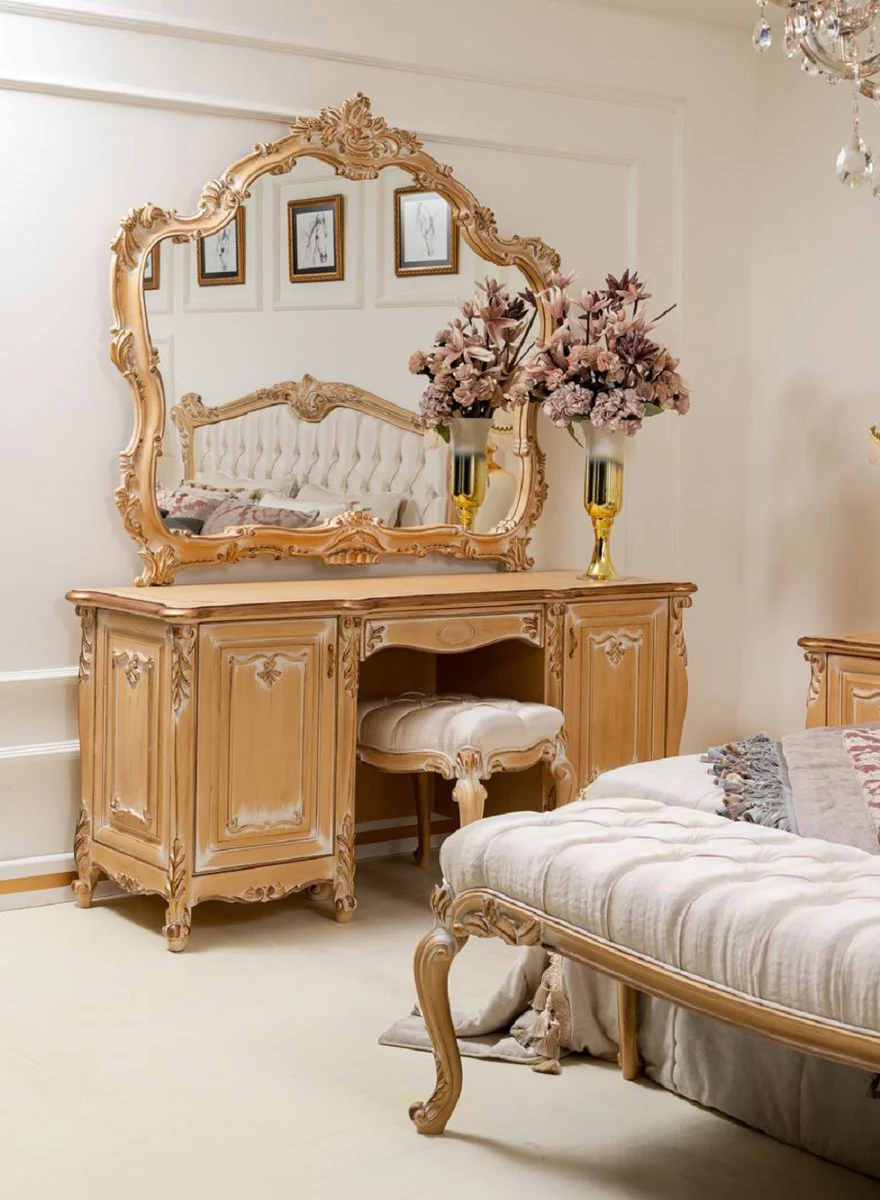 Luxury Baroque Bedroom Dressing Table Set Gold - 1 Baroque Dressing Table & 1 Baroque Wall Mirror & 1 Baroque Stool - Magnificent Baroque Bedroom Furniture