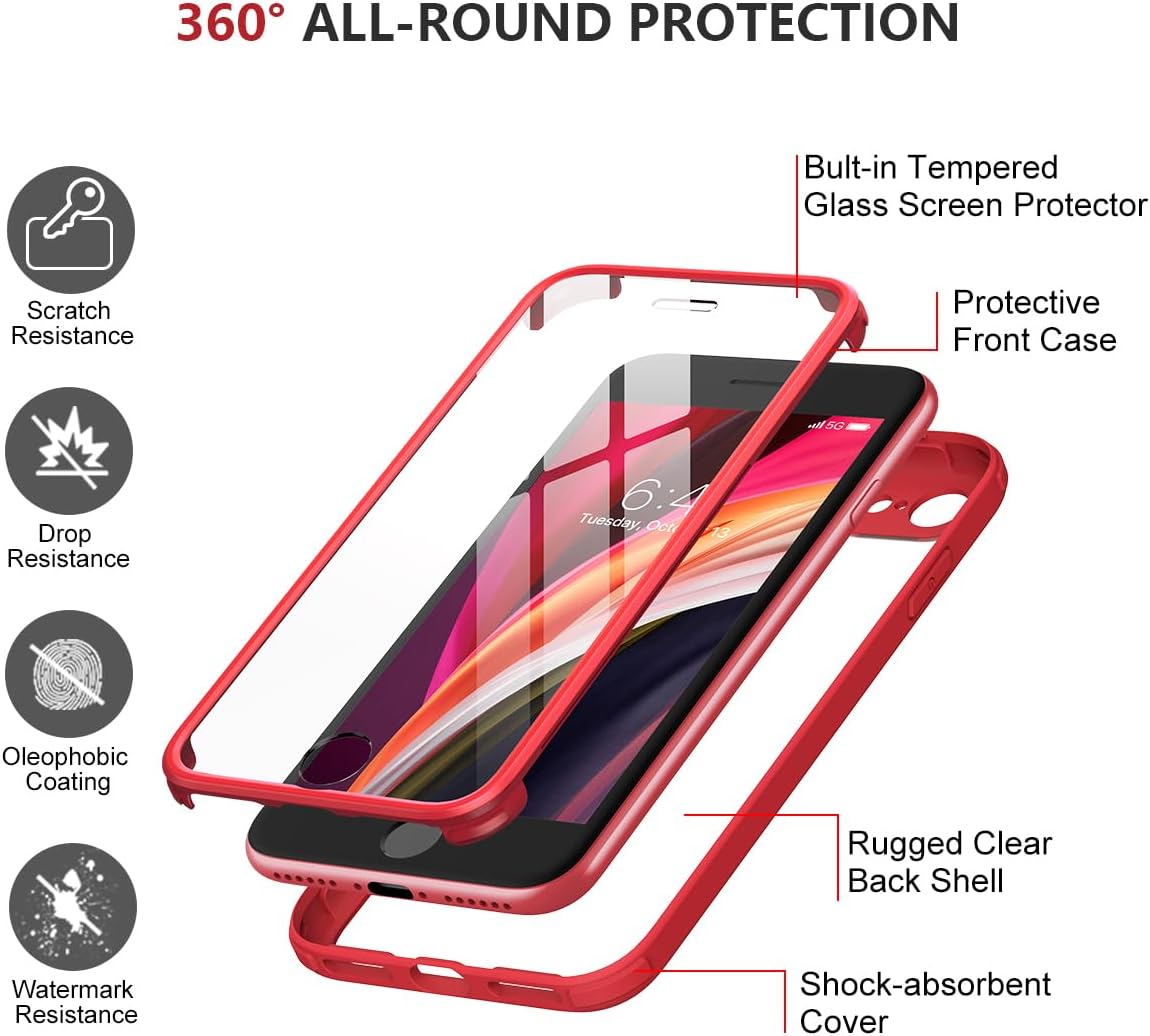 iPhone SE 2022 & 2020 Case, iPhone 8 Case [Built-in Glass Screen Protector] Military Grade Full Body 360 Shockproof Stylish Bumper Transparent Back Case Cover for iPhone SE 2020/ iPhone 8 (Red)