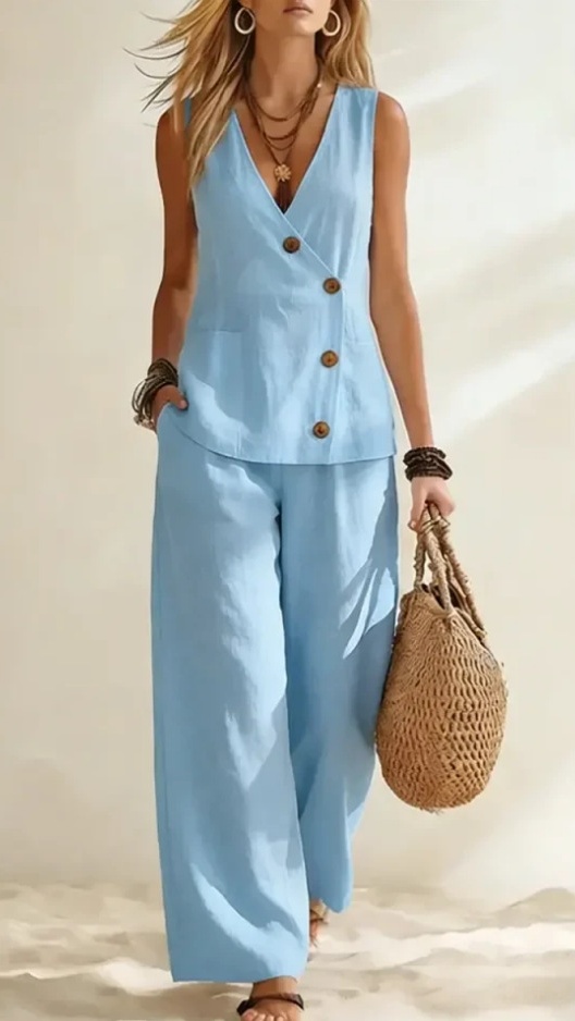 Women's Casual Solid-Color Vacation-Style Two-Piece Set: Button-Front Vest & Trousers - Nordfashionstorm - Women's Clothing, Fashion for You - Nordfashionstorm.com
