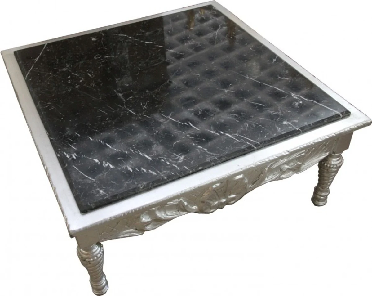 Baroque coffee table silver with black marble top 95 x 95 x 43.5 cm - unique B!