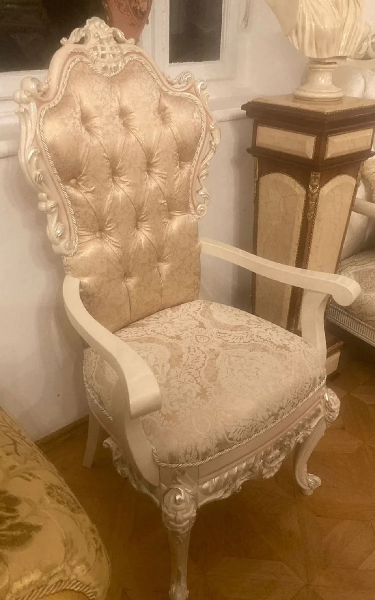Luxury Baroque Dining Room Chair with Armrests Gold / White / Cream - Magnificent Baroque Style Kitchen Chair - Luxury Dining Room Furniture in Baroque Style - Baroque Furniture - Noble & Magnificent