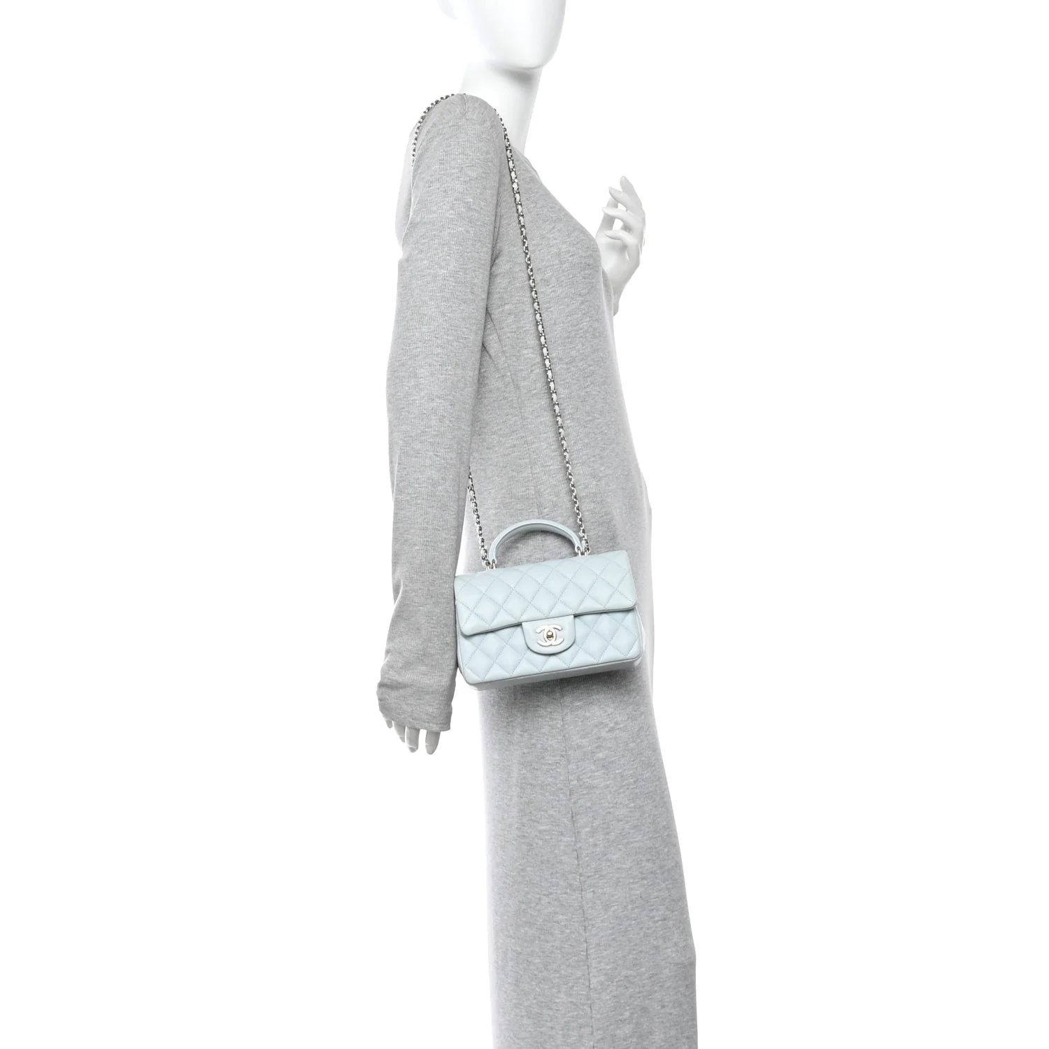 Lambskin Quilted Mini Top Handle Rectangular Flap Light Blue