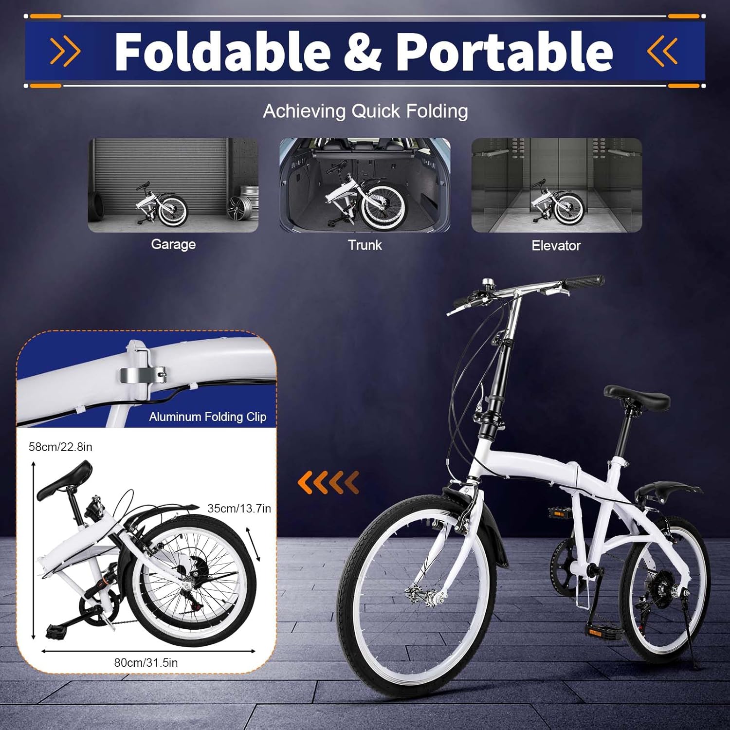 Bicicletta pieghevole da 20 pollici per adulti e ragazzi, sistema pieghevole a 7 marce con velocità variabile (bianco)