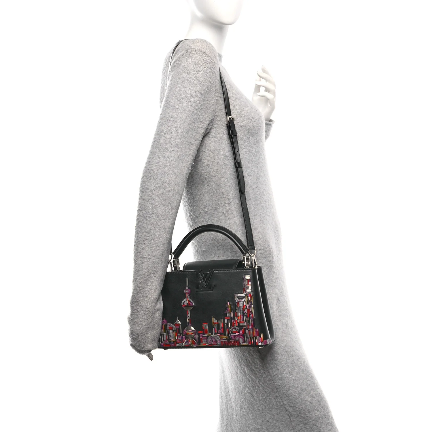 Calfskin Karung Beaded Shanghai Skyline Capucines BB Black