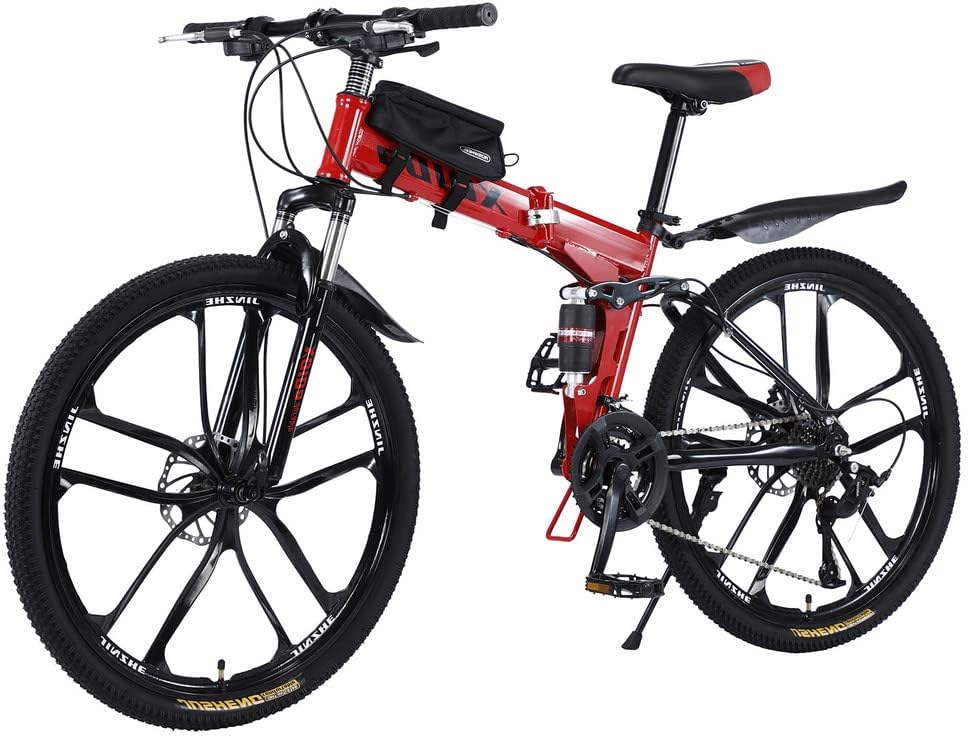 Mountain bike pieghevole da 26 pollici, con doppio assorbimento degli urti, telaio in fibra di carbonio con borsa per bicicletta, freni a disco, bici a sospensione completa perfetta (rosso)