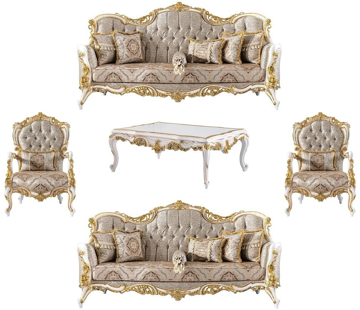 Luxury Baroque Living Room Set Silver / Beige / Black / White / Gold - 2 Baroque Sofas & 2 Baroque Armchairs & 1 Baroque Coffee Table - Luxury Living Room Furniture in Baroque Style - Baroque Furniture