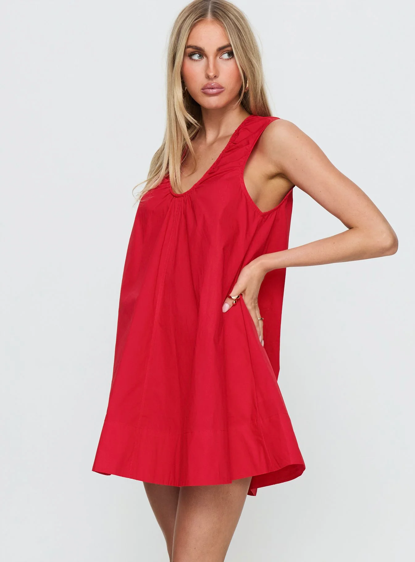 Eberta Ruched Baby Doll Mini Dress Red