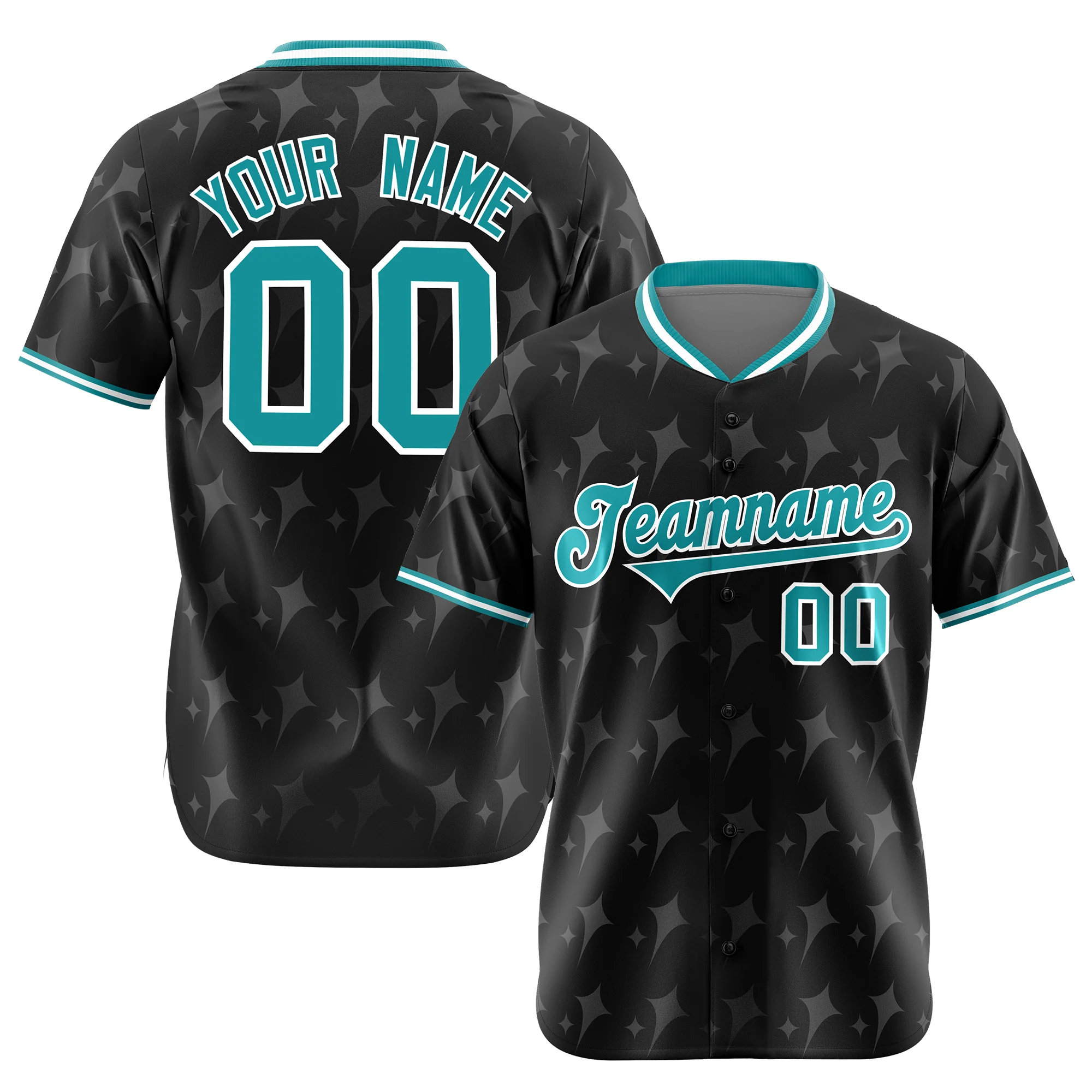 Custom Black Aqua-White Authentic Four Pointed Baseball Jersey