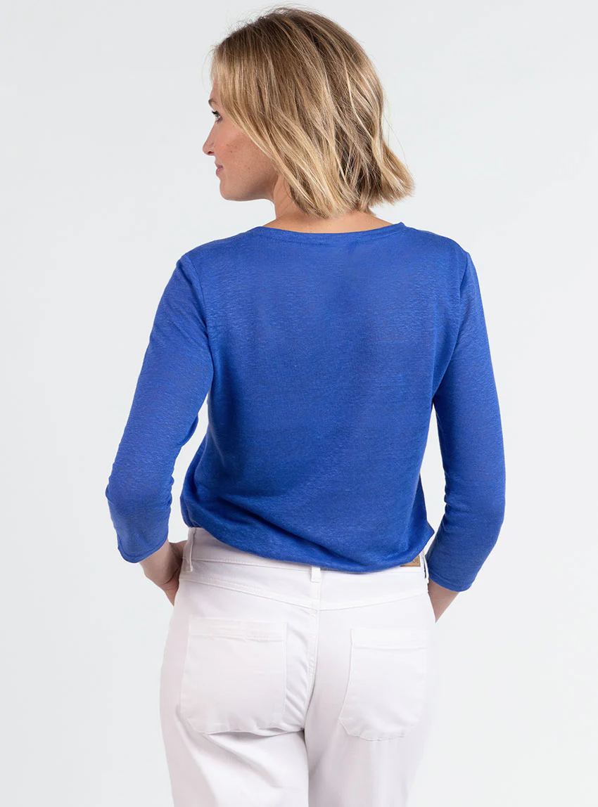 Tee-shirt femme en lin manches 3/4 bleu atlantique