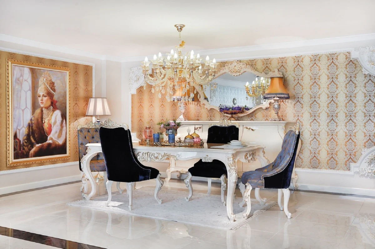 Luxury baroque dining table white / gold - handmade solid wood dining room table - furniture in baroque style - noble and magnificent