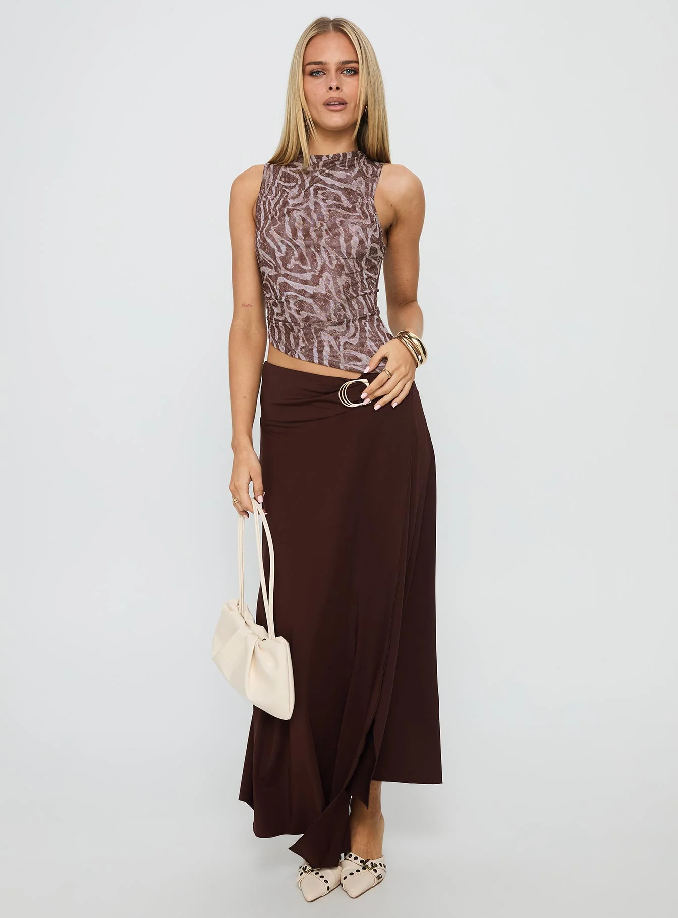 Nola Hardware Slit Maxi Skirt Brown
