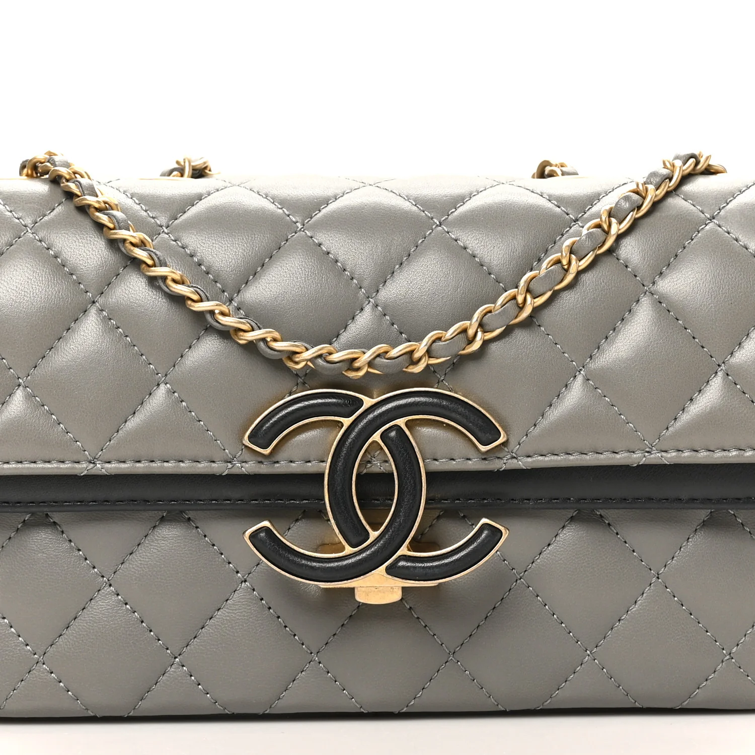 Lambskin Quilted Small CC Chic Flap Grey Dark Navy - Top Club
