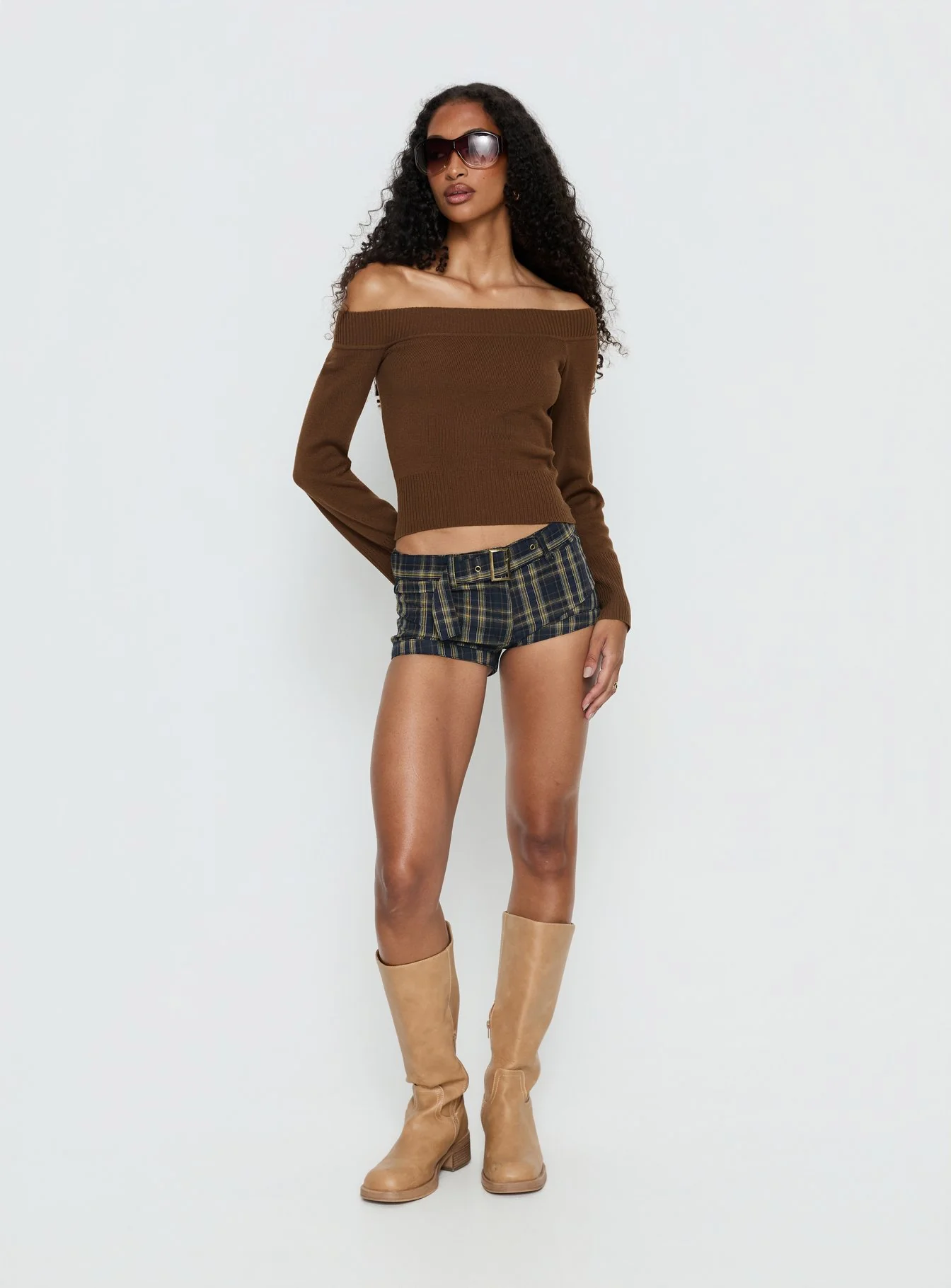Perrey Long Sleeve Off Shoulder Knit Top Brown