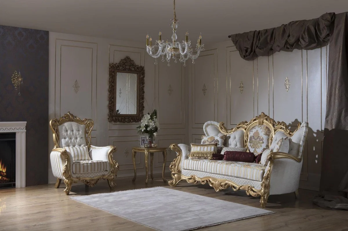 Luxury Baroque Living Room Set White / Gray / Gold - 2 Sofas & 2 Armchairs & 1 Coffee Table - Baroque Living Room Furniture - Noble & Magnificent